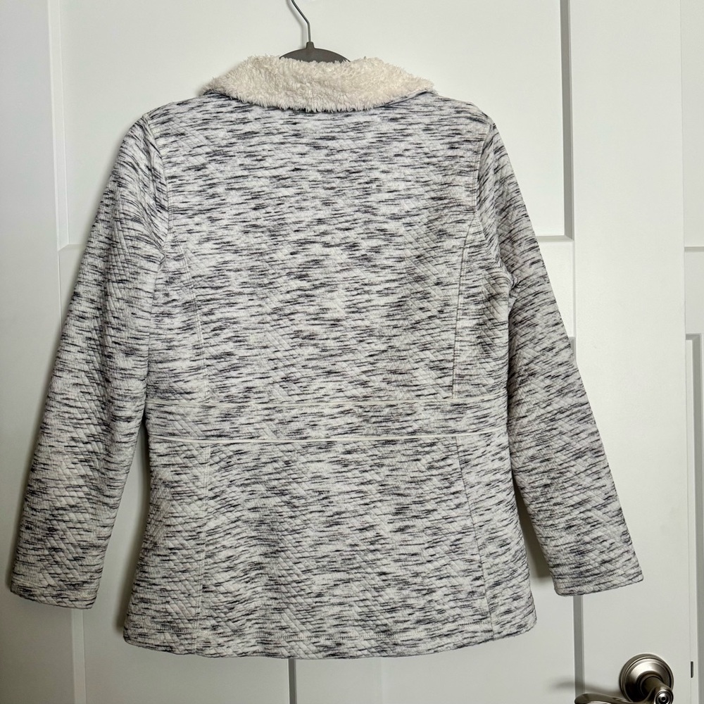 T by Talbots Fleece-Trim Quilted Jacquard Full Zip Jacket Gray Ivory Size SP - Picture 13 of 16